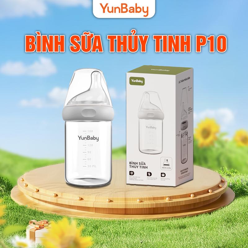 Yunbaby Bình sữa thủy tinh 180ml cao cấp Chống đầy hơi Không BPA Van thông khí hạn chế bọt khí Núm ti mềm như ti mẹ Chất liệu an toàn dễ vệ sinh Thủy tinh borosilicate chịu nhiệt cao bền bỉ An toàn không mùi tiện lợi cho pha sữa & vệ sinh