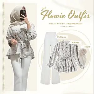 baju outfit cewek 1 set kece ( Blouse Floral + Celana Cutbray + Hijab + Celana Hightwaist Ivory DM0138N Setelan ootd  one  set  outfit cewek  1  set  kece  Bawahan acara  formal  simple one \ set  Atasan Wanita Tebal Scuba Panjang Muslim Karet Motif