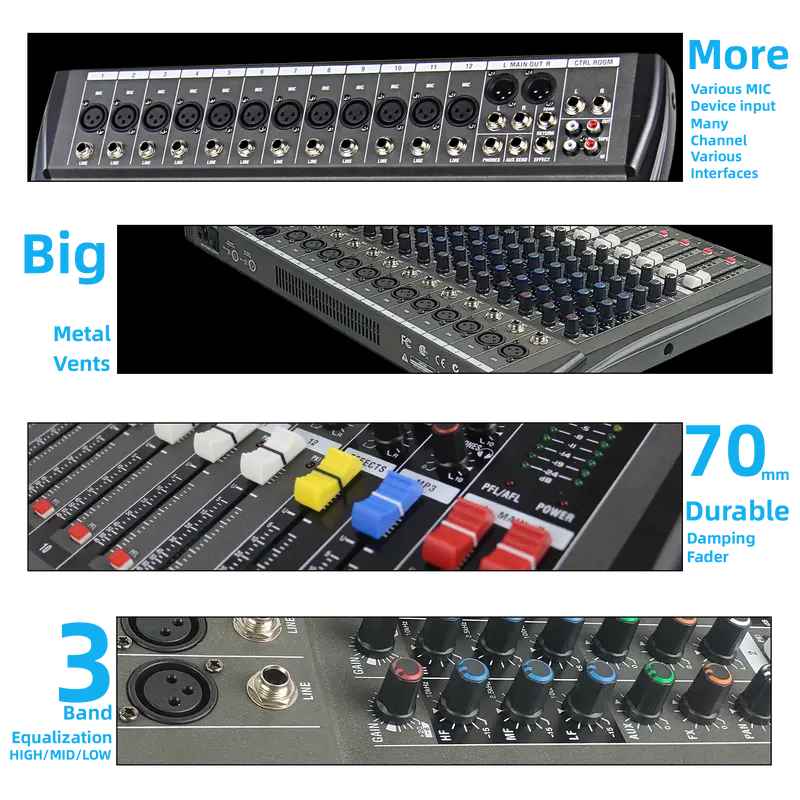 Mixer Saluran MOREFAND CT-6/8/12 channel , Equalizer 3-Band, dilengkapi dengan Efek Reverb dengan Pengulangan dan Penundaan, mendukung koneksi Bluetooth, USB, PC, Pemutar MP3, Output XLR, Pemantauan Rekaman - Amplifier Subwoofer, Audio Mixer 6