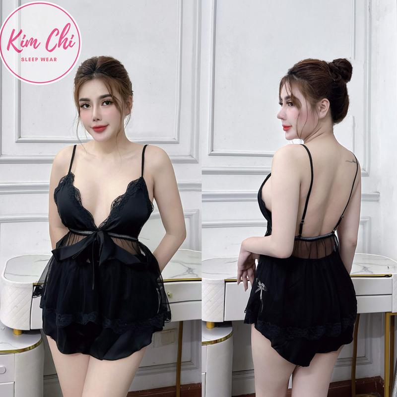 Đồ ngủ 2 dây nữ, lưới cột nơ lụa mềm, có tăng chỉnh kích cỡ 40kg - 65 kg mặc mát mùa hè gói 1 bộ Women Voi Áo có mút ngực Đen