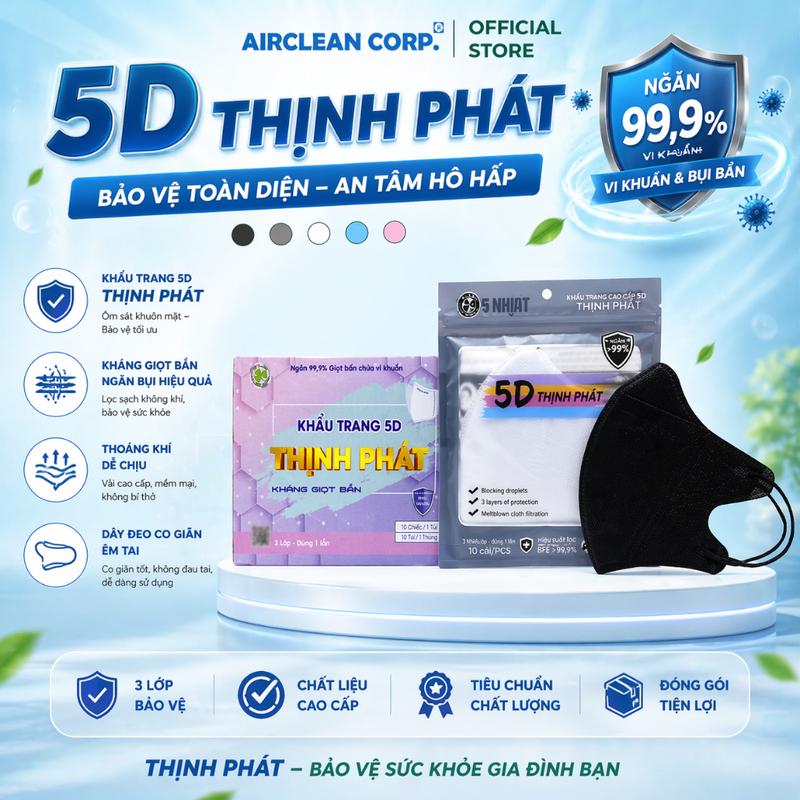 Thùng 100 Chiếc Khẩu Trang 5D Thịnh Phát Màu Đen Kháng Khuẩn 3 Lớp
