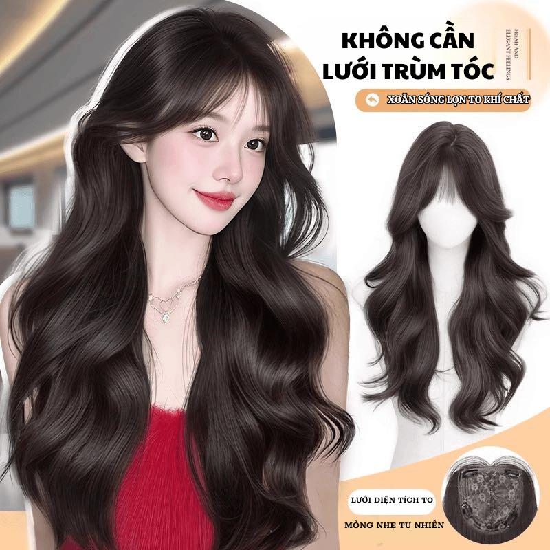 Tóc giả đan toàn đầu, mái bằng kiểu Pháp gợn sóng lớn, hai lớp dài 55cm