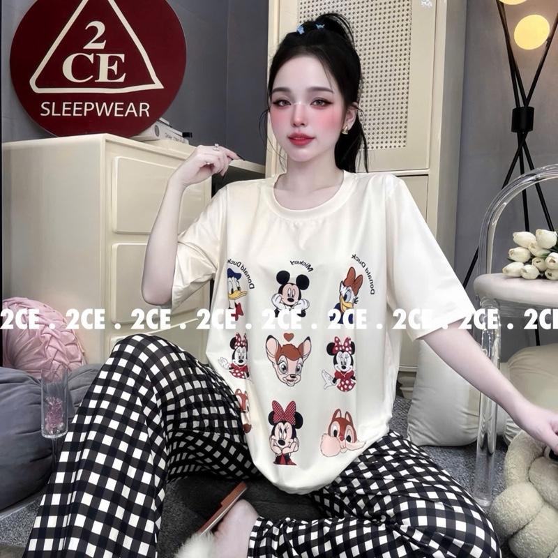 M87 Đồ Bộ 2 CE pyjama nữ cổ tròn Ủ Kem 45-60kg Vải Thun Lạnh dày Dặn Mặc Mát