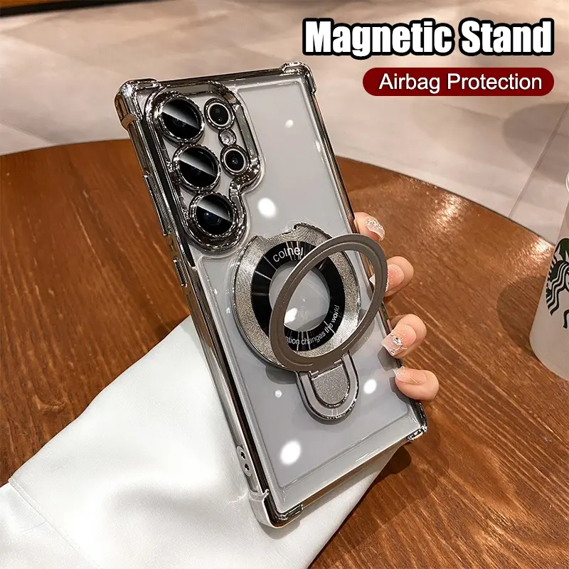 CrashStar Lipat Magnetic Bracket Airbag Anti-fall Phone Case For Samsung Galaxy S25 Ultra S25+ S24 Ultra S23 FE S22 Plus + A55 A35 A25 A15 A16 A54 A34 A24 A53 5G Wireless Charging Phone Casing Transparent Shockproof Phone Cover With Lens Films Protection 8