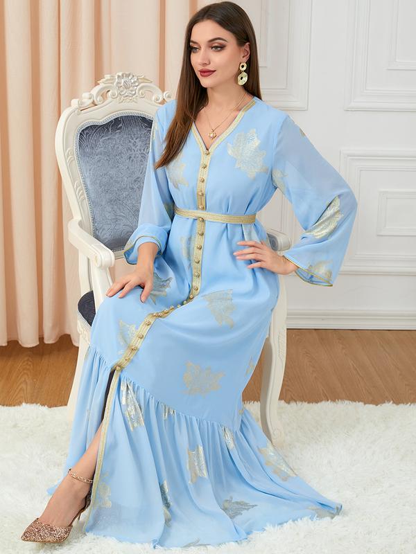 Baju Raya Middle East Dubai Muslim women's clothing with belt abaya fashion high-end hot stamping dress 7