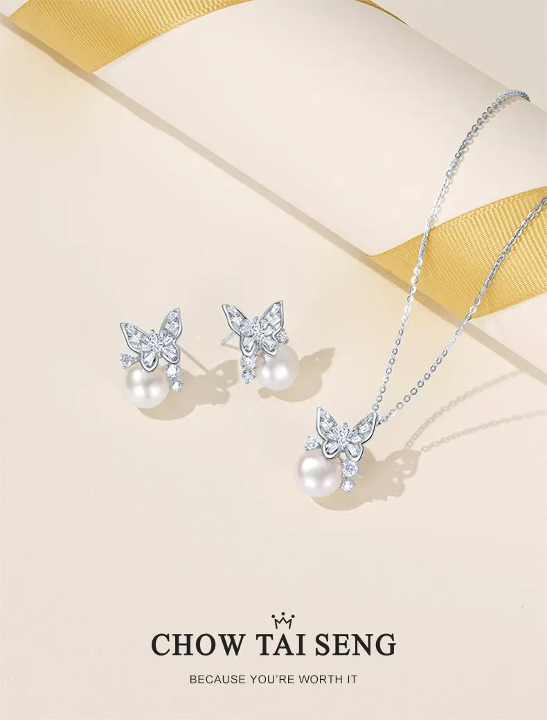 【Chow Tai Seng Jewellery】Silver 925 Butterfly Luxury Fashion Pearl Necklace & earring set