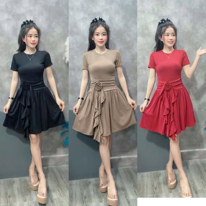 Đầm Xoè Dáng Ngắn Tôn Dáng Kết Hợp Hoa Hồng Eo Dễ Thương