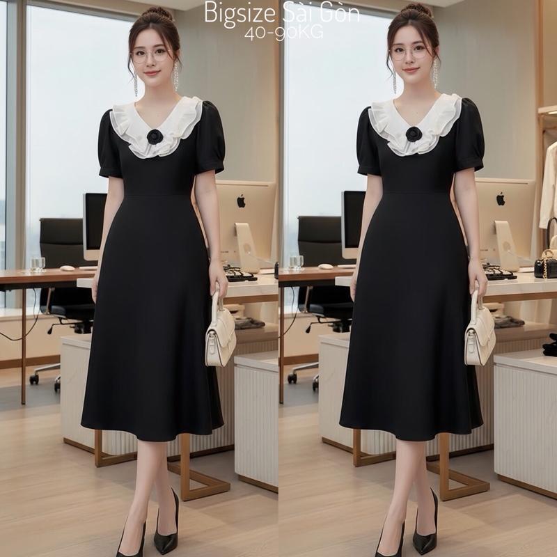 Váy Dự Tiệc Nữ Cổ Tim Phối Hoa Vải Cotton Lạnh Cao Cấp Thanh Lịch Bigsize Từ 40 - 90Kg Thời Trang Nữ  - B.1548