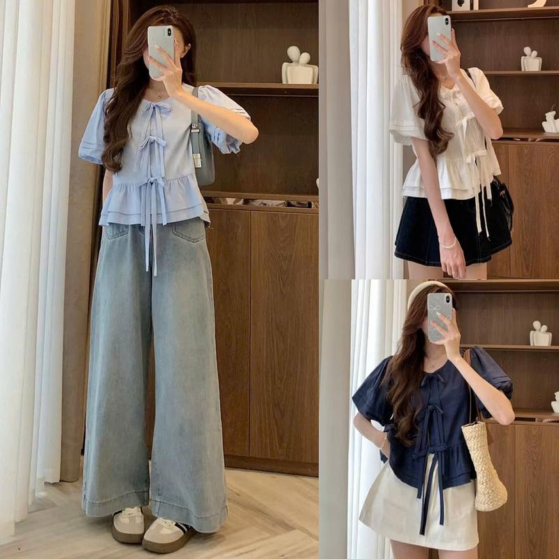 Áo sơ mi nữ A.750, Áo sơ mi cổ tròn tay bồng dáng babydoll phối 3 nơ nẹp ngực dễ thương - Shop Chấm Bi