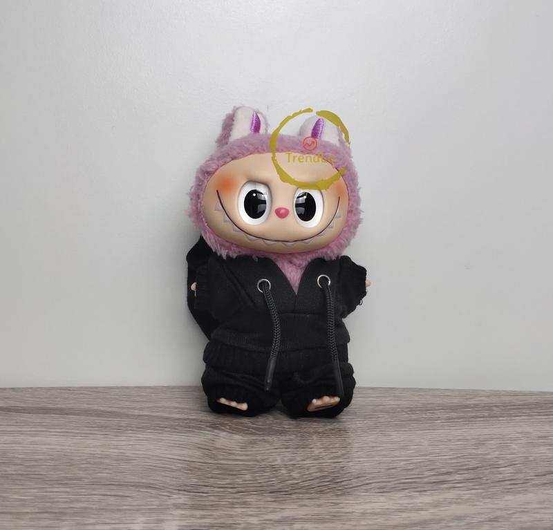 Product Introduction of Aksesoris Pakaian Boneka Labubu Hitam Putih Abu-abu - Hoodie + Sweater + Celana Ukuran 8cm 9