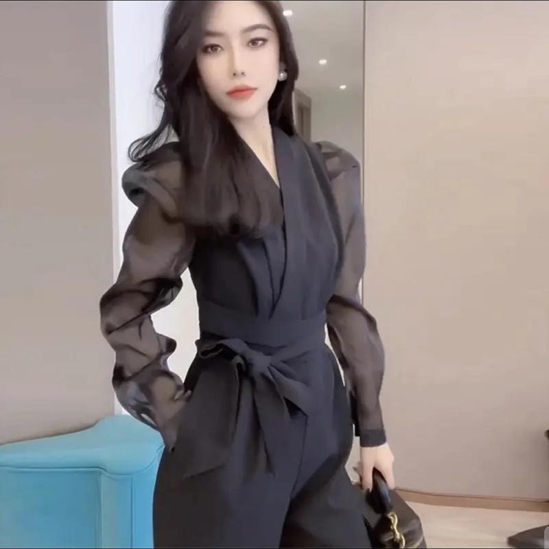 New Commuter Slim Fit Network Red Same Style Fashion Jumpsuit Women's Solid Color Mesh Bubble Sleeve Lace Up Slim On 4