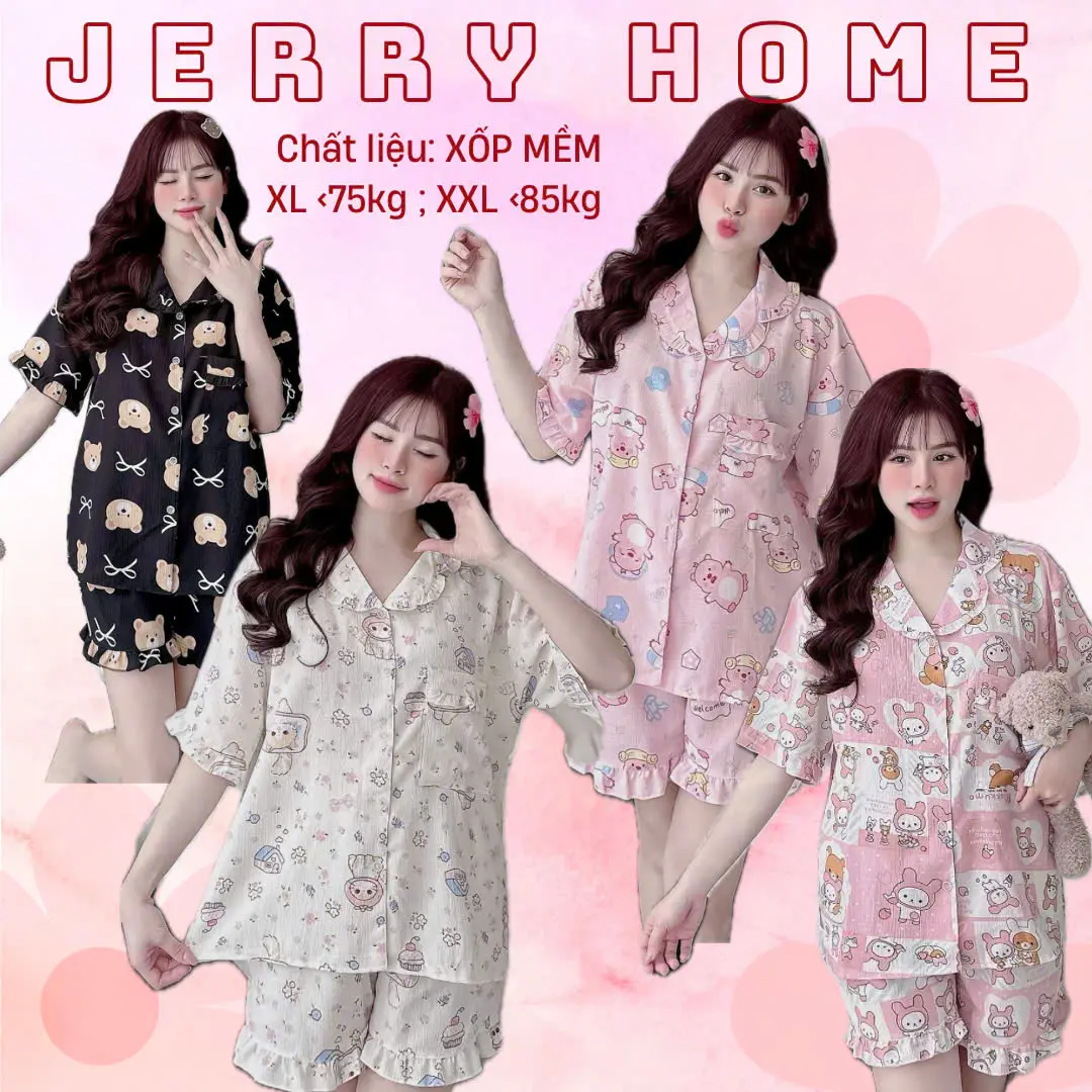 Đồ Ngủ Bigsize 60-75kg, Đồ Ngủ Nữ Dễ Thương Đùi Tay Ngắn Chất LIệu Xốp Gạo QC Jerry Home