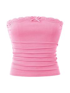 Top de tubo corto con ribete de encaje acanalado liso para mujer, Top corto sin tirantes informal para el verano, Top de mujer de moda para uso diario