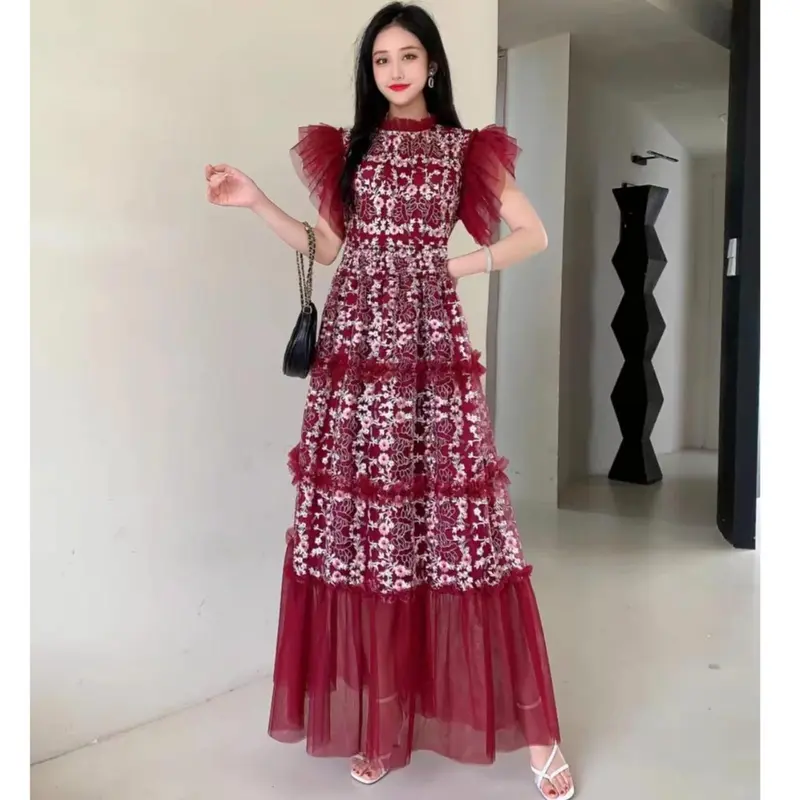 [Basica Moda] 13202 Gaun Dress Maxi Wanita Cameroon Embroidered Mesh 0