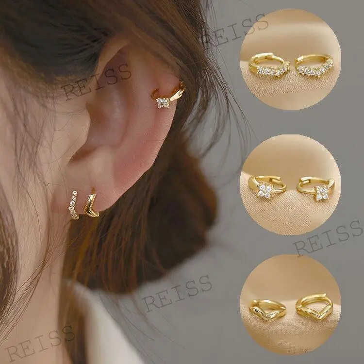 Khuyên Tai Tròn Zircon Giả Mini, Mạ Vàng, Cỏ Bốn Lá, Dành Cho Phụ Nữ, 1 Đôi Bông Tai Xỏ Khuyên Huggie, Zirconia Khối, Đinh Tán Khuyên Tai Sụn