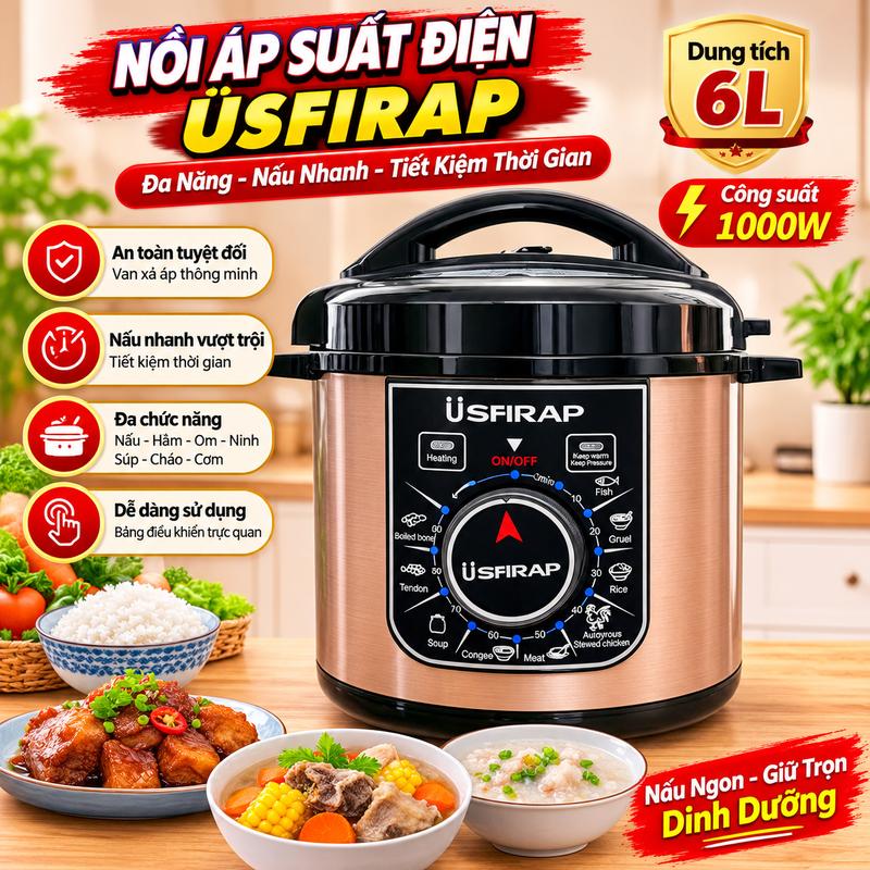 Nồi Áp Suất Điện SFIRAP 6 Lít Công Suất 1000W Đa Năng, Có Van Xả Chống Bỏng, Nấu, Hầm, Om, Ninh...