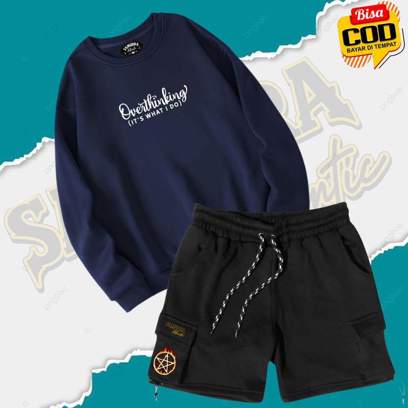 Product Introduction of ONE SET SWEATER CREWNECK 1 STELAN CARGO POLOS PRIA | WANITA / UNISEX WARNA HITAM SABLON KEREN Celana Cowok Setelan Distro Panjang Katun Hoodie Casual setelan  hoodie dewasa 4