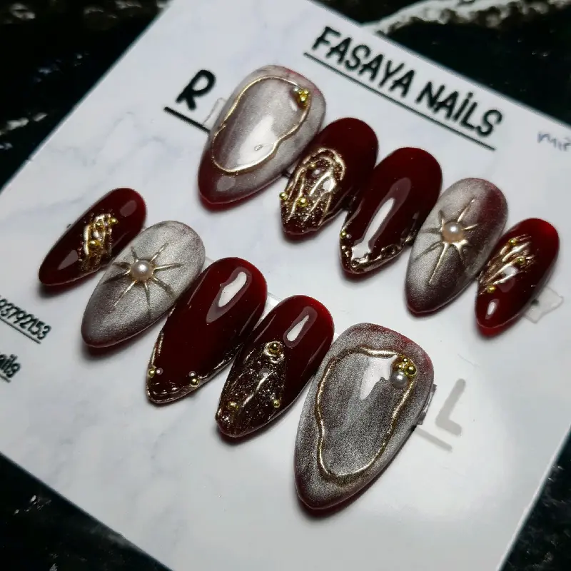 press on nails maroon/marun /press on nails by fasaya nails/ press on nail weding/tunangan/fake nails / kuku palsu / art polish Cat 2
