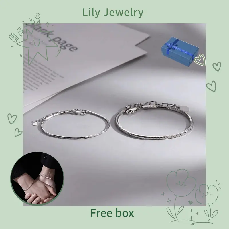 S925 Silver Simple Trendy Couple Bracelet Pair Men Women Adjustable Chain
