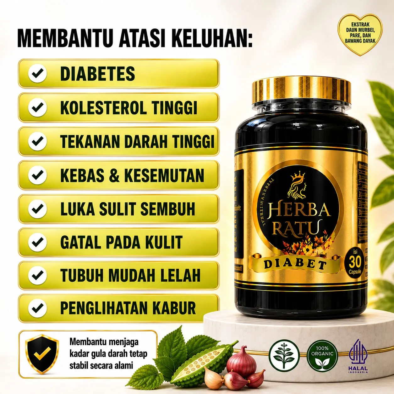 Herba Ratu Herbal Premium DIABETES AMPUH isi 30 & 50 kapsul membantu menjaga kesehatan dan kadar gula darah stabil dengan bahan alami