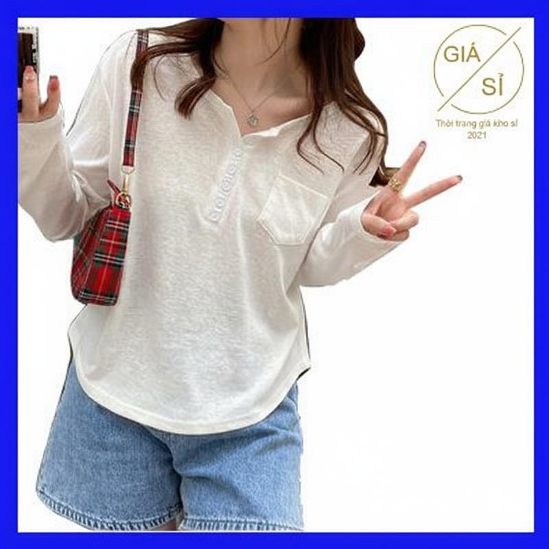 Áo thun nữ tay dài vải xược siêu xinh mẫu mới có nút cài màu trắng kem xanh bán chạy giá rẻ