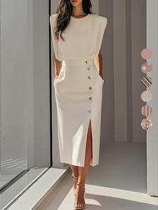 Vestido de moda New Elegance para uso diario con efecto adelgazante, vestido a rayas de largo medio para mujer con abertura y botones, versátil, ropa elegante para la oficina