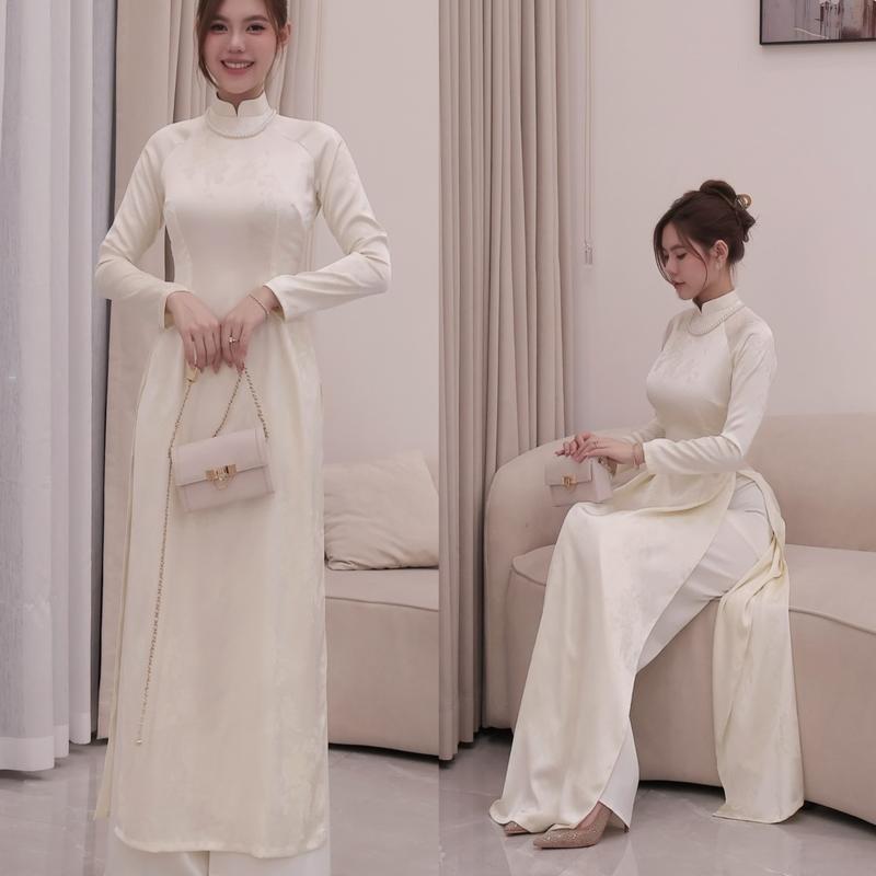  Áo dài thiết kế ED215 tặng kèm quần tặng kèm vòng ngọc dáng chiết eo nhẹ chất liệu lụa gấm cao cấp,mềm mượt không nhăn kèm túi giấy 