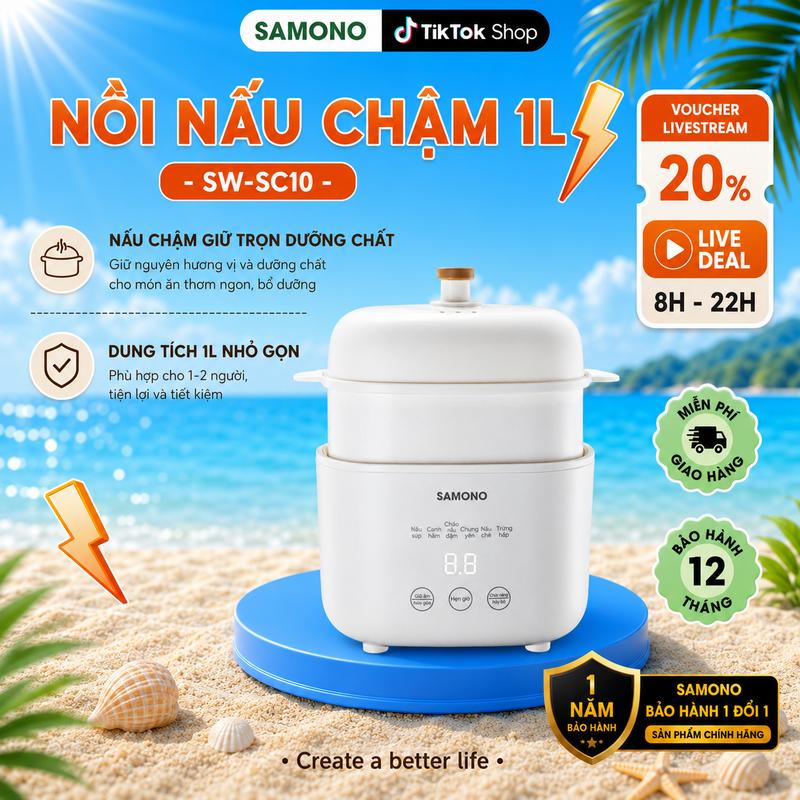 Nồi Nấu Chậm Đa Năng SAMONO SW-SC10 1L - Nấu Cháo Ăn Dặm, Chưng Yến Cách Thủy - Hẹn Giờ 9H, Tự Ngắt Khi Cạn Nước (Bảo Hành 12 Tháng) Nấu Cháo, Nấu Cơm nát, Cooker