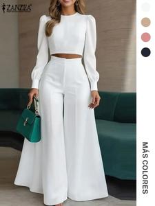 Conjunto casual de dos piezas para mujer, top de cuello redondo y manga larga & pantalones de cintura alta y pierna ancha, estilo de oficina para uso diario
