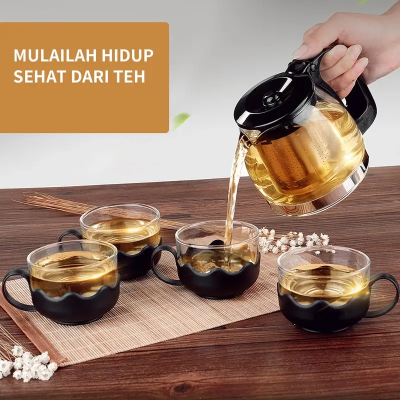 MINISO Set Teh Sederhana 5pcs Teh Ketel Kaca Teapot dengan 4pcs Gelas 1 Teapot Set 700ml Cangkir Stainless Steel Glass Teko 6