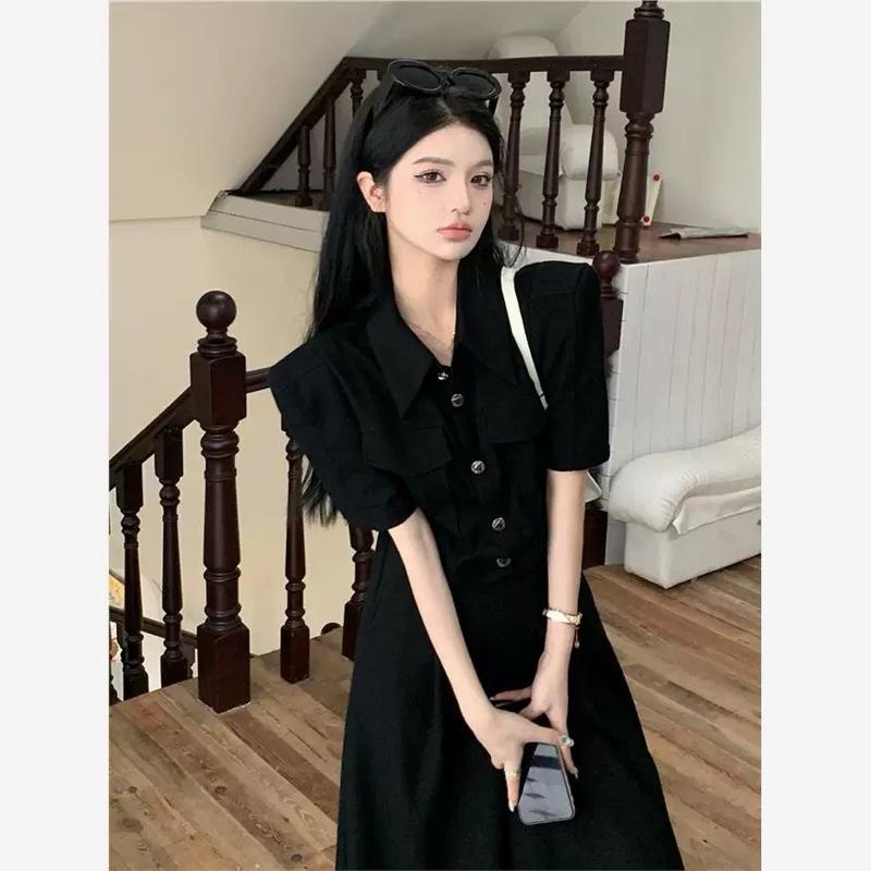 Lan Anh QC váy hoa Hồng đen Thiết kế phối Cúc Tròn phong cách cổ chun tròn hàng quảng châu cao cấp nữ Top 2025