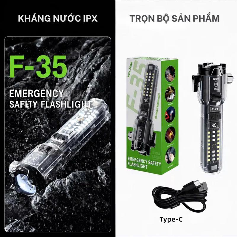 Đèn Pin F35 Led Lazer Siêu Sáng 25W - Còi Báo Động - Cắt Dây An Toàn - Phá Kính…