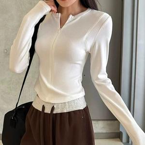Women's Long Sleeve Zipper Design Inner Layer Top, Fall New Slim Fit Fitted Shirt, Casual Daily Wear Women's Clothing 5485