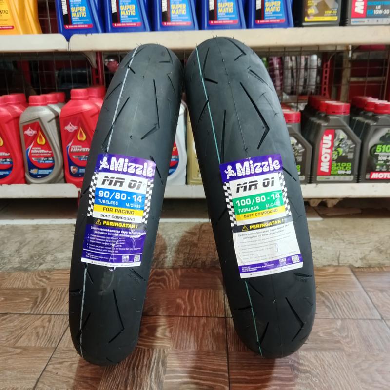PAKET SEPASANG BAN MIZZLE MR01 (RACE COMPOUND) RING 14 90/80-14 & 100/80-14 TUBELES BAN MOTOR MIO,BEAT,VARIO,SCOOPY Motorcycle 1
