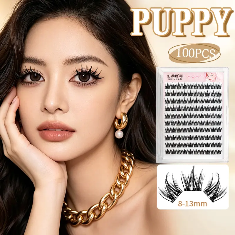 Huiyuan Bulu Mata Tanpa Lem PUPPY Efek Mata Kucing & Komik 100 Clusters Curl C 8-13mm Self-Adhesive Waterproof & Nyaman - Lashes, Asli, Eyelash