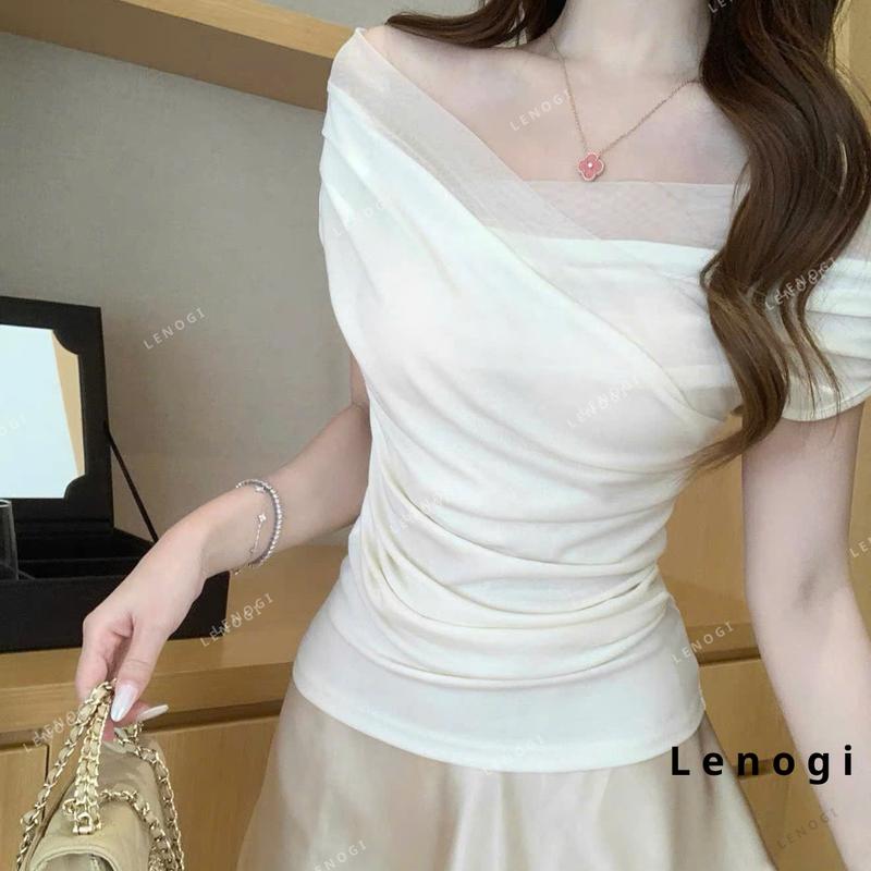 Áo trễ vai kiểu Lenogi Áo thun bẹt vai form ôm nhún eo đi biển đi chơi a61