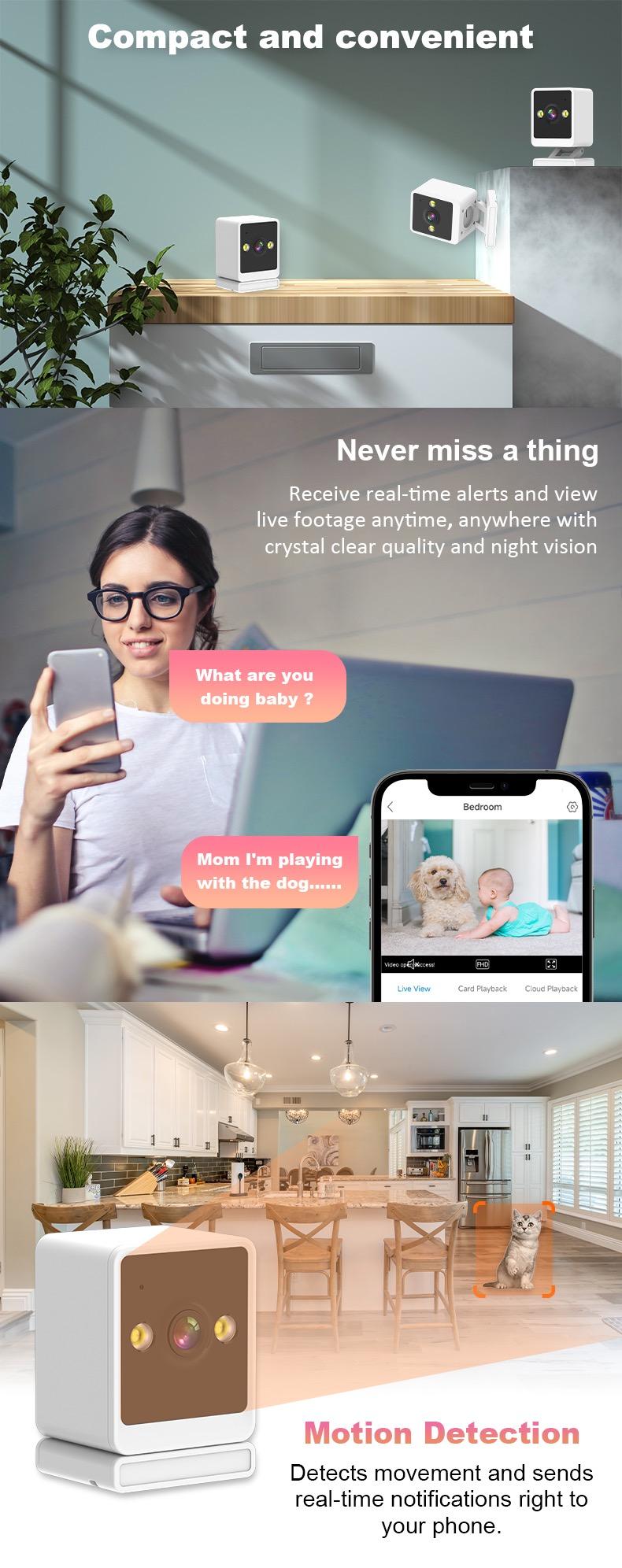 Product Introduction of Smart Home Security Camera Baby Monitor Camera Compact indoor Plug-in Smart Security Camera, 1080P FHD Video, Night Vision, Motion Detection, Two-way Audio, Easy Set Up 1
