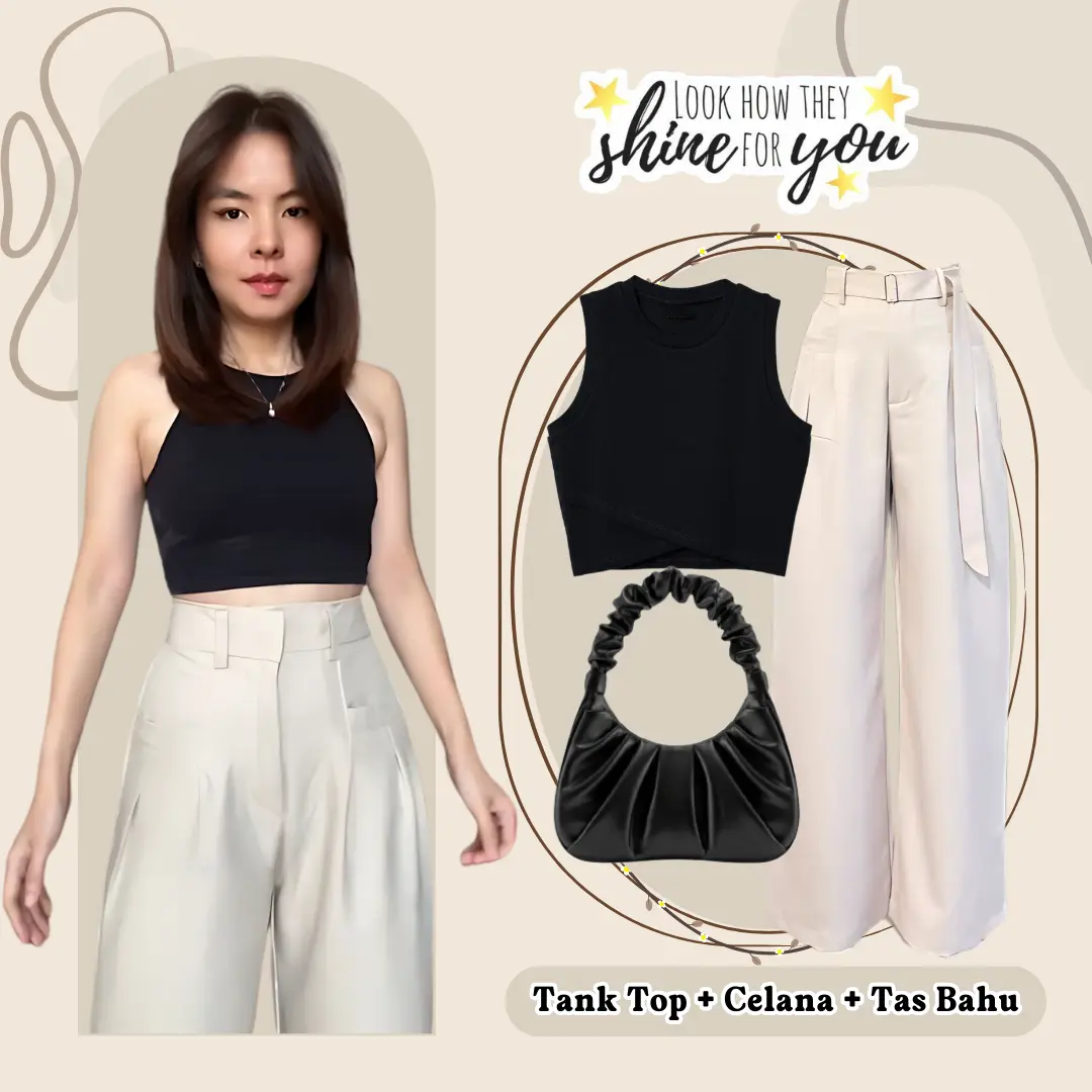 One Set Baju Outfit Cewek (Tank Top Wanita Atasan Crop, Celana Kulot Obi Pants, Tas Bahu Elegan Lucu) LQ085 Setelan Casual Hitam Rib Bawahan Panjang one  set
