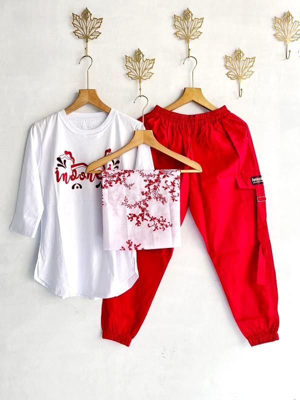 Product Introduction of Setelan Jogger Cigaret JVN Kaos Combed Merah Putih + Hijab Voal Segi Empat Voal  Katun Nyaman 5