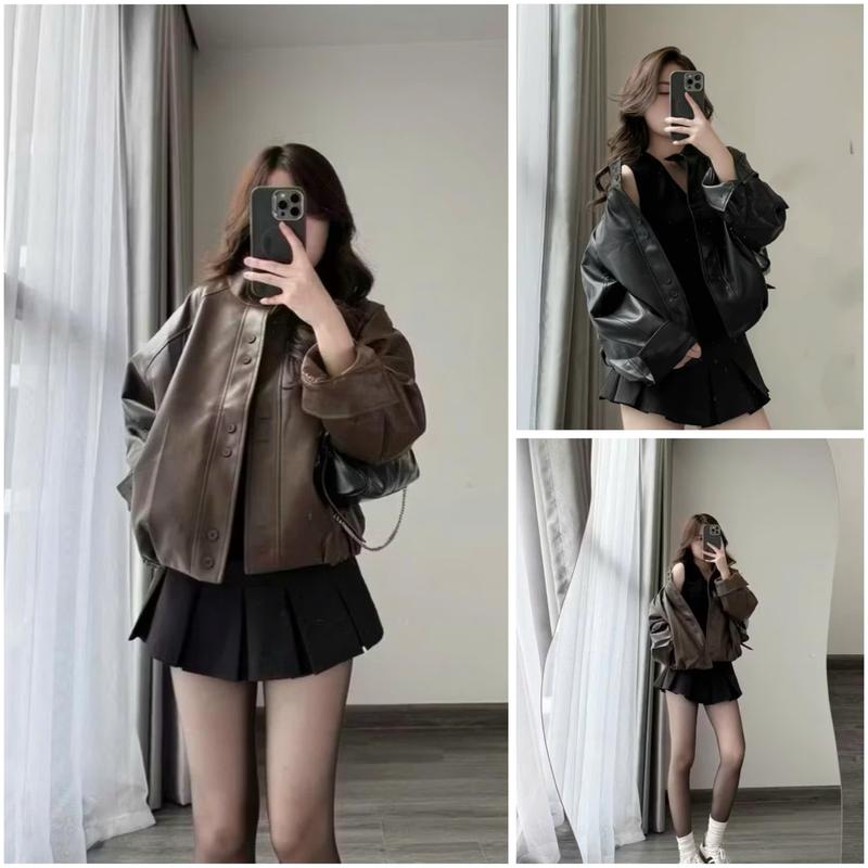    Hàng 2 lớp  Áo Khoác Da Cúc Đôi Ống Tay Dài Cổ Bẻ Bo Gấu Trẻ Trung 