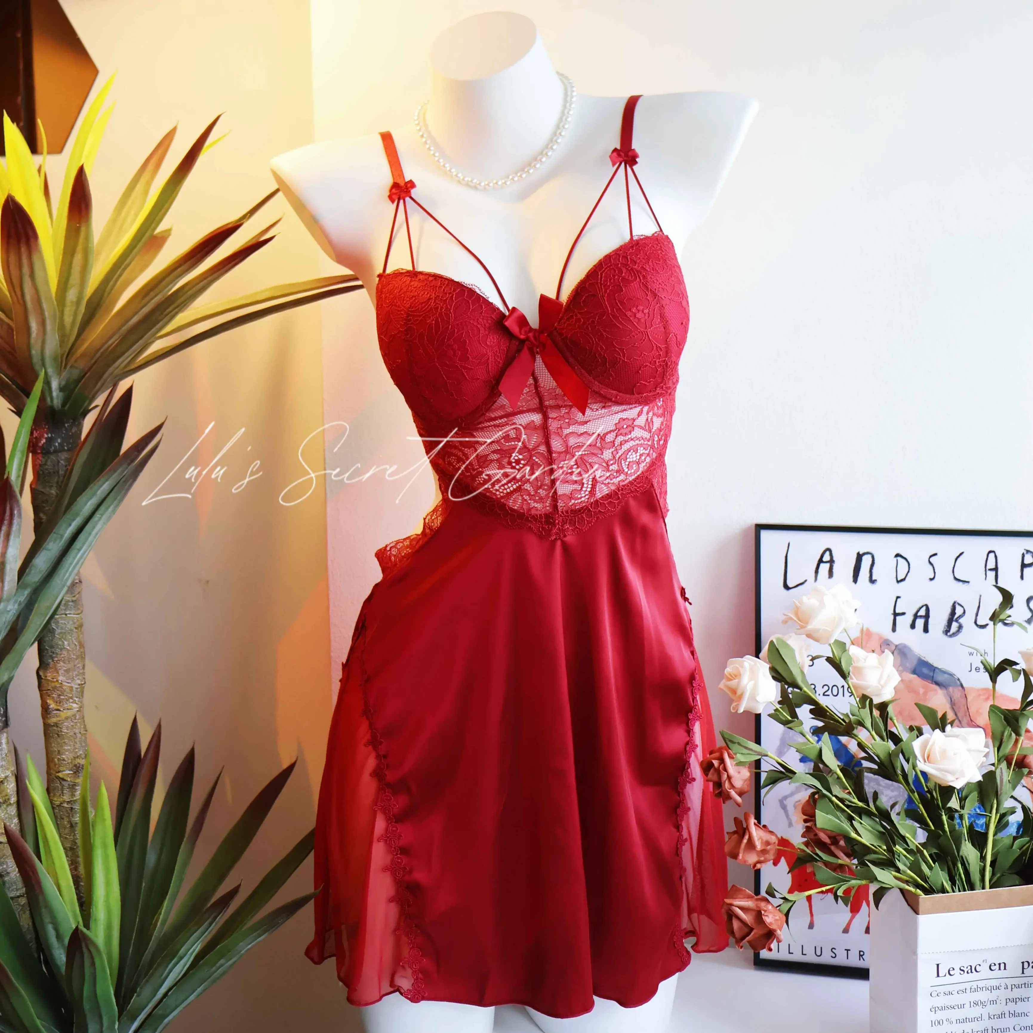 LULU 1012-Sexy Lace Underwire Push-Up Backless Padded Cami Nightdress Comfort Sleeveless