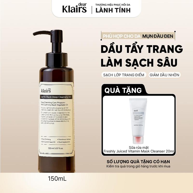 Dầu tẩy trang Dear, Klairs Gentle Black Deep Cleansing Oil hỗ trợ làm sạch sâu 150ml