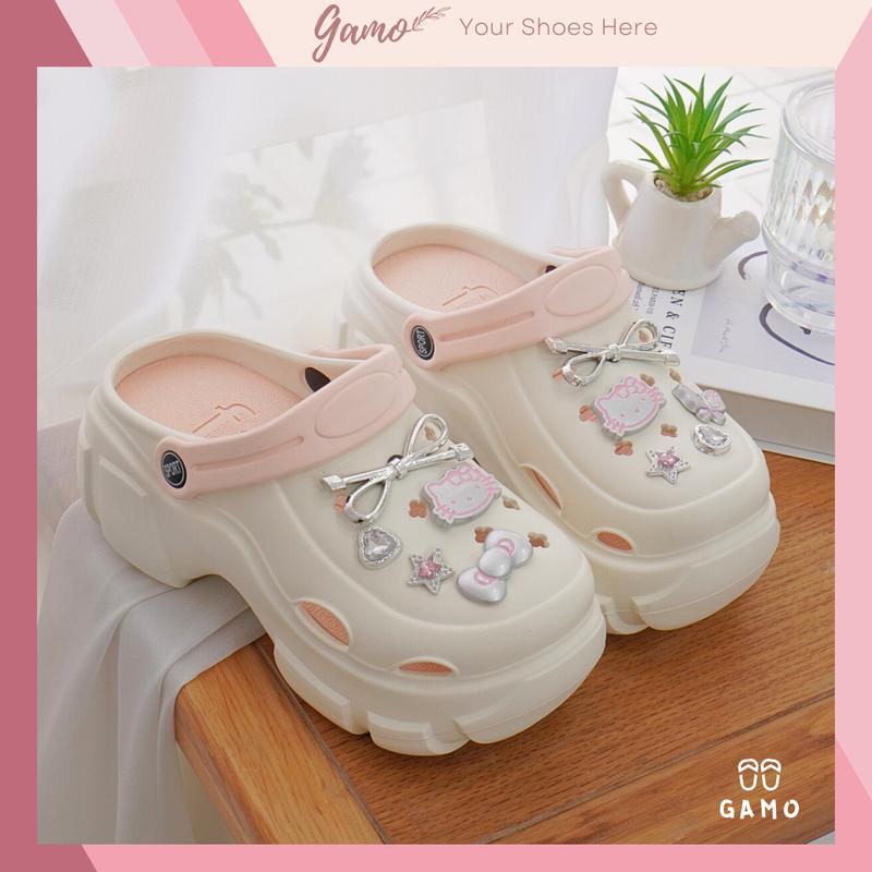Dép sục nữ đế cao 7cm kèm charm Mèo nơ bạc kiểu sandal quai hậu dễ thương Hàn quốc Gamo CS-172