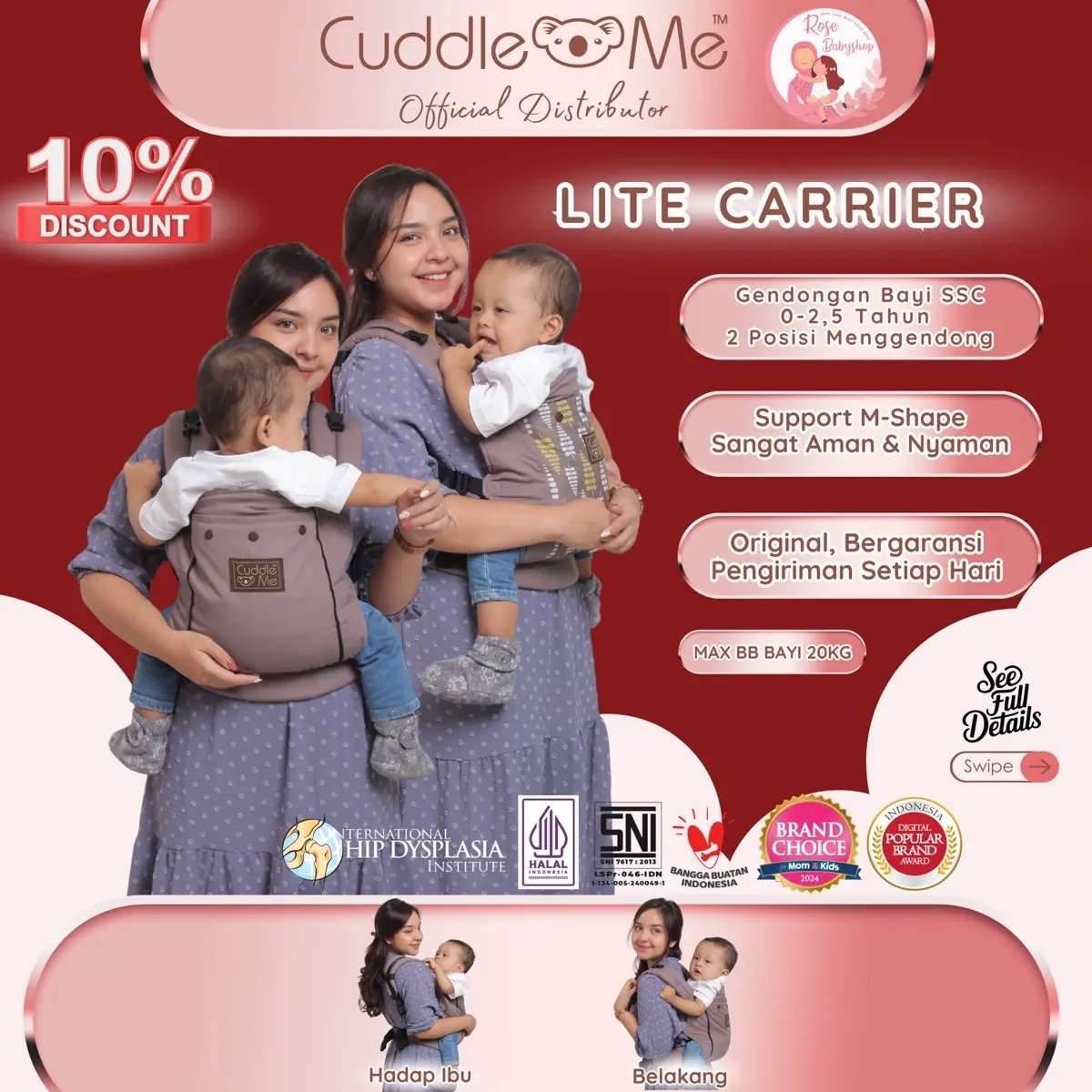 Lite Carrier Cuddleme Gendongan Bayi Balita Mshape SSC Nyaman Aman Gendongan Depan