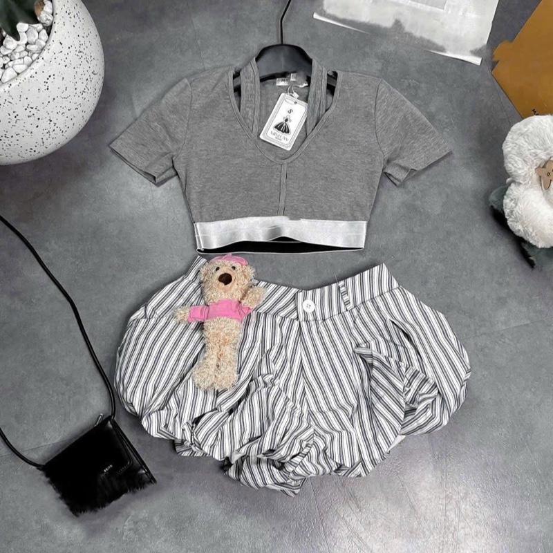 [kèm Ảnh thật]Set Bộ Áo Croptop Tay Ngắn + Quần Short Bí Phồng Lưng chun set crop 7