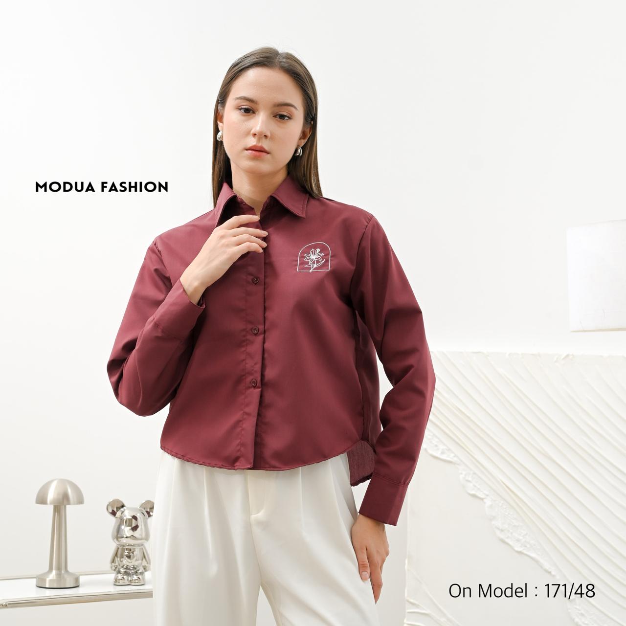 MODUA - FLOLA SHIRT Kemeja Formal Wanita Korea Bluse Kekinian Bahan Poplin Premium Bordir Eksklusif Earth Tone Hijab Friendly Size L