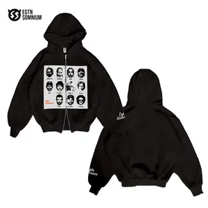 EGTNSOMNIUM - FACE Double zip Boxy Hoodie Black And Red Sweater Unisex Pria Dan Wanita