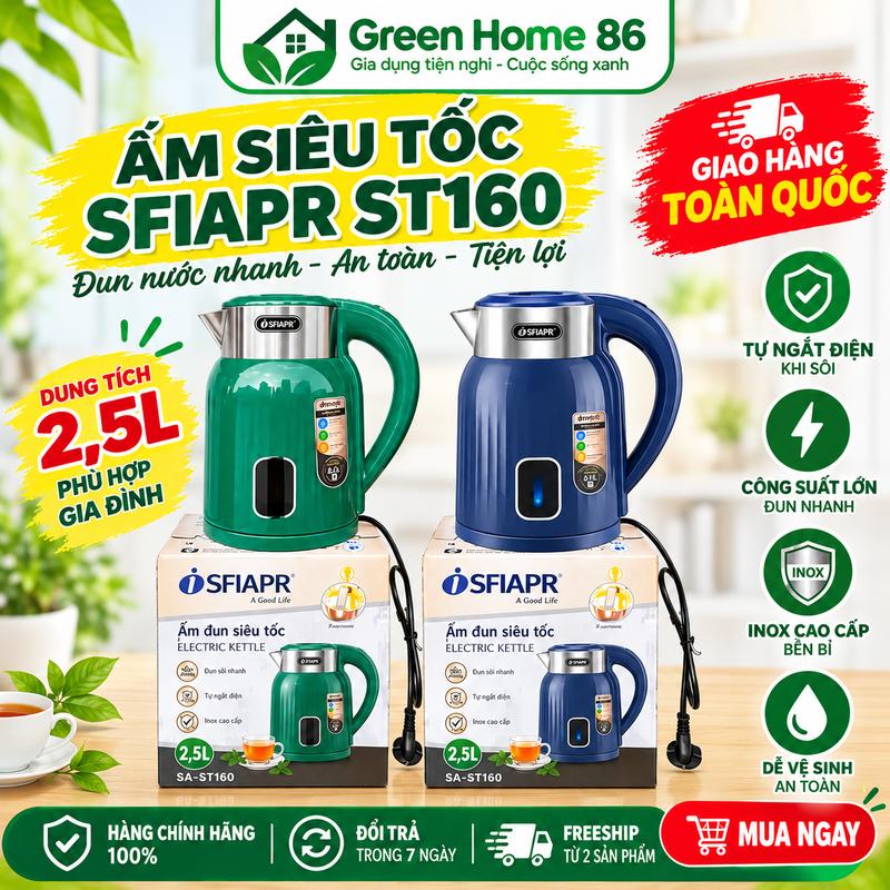 Ấm Đun Nước Siêu Tốc INOX 304 SFIAPR Cao Cấp 3 Lớp, Công Suất 1500W, Dung Tích 2,5L - Bình Đun Nước Siêu Nhanh Tự Ngắt Khi Sôi, Ấm Siêu Tốc