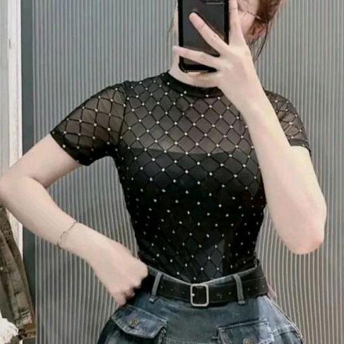  Áo Tay Ngắn Lưới Kim Tuyến 2 Lớp  Form Ôm Tôn Dáng Women Nữ 