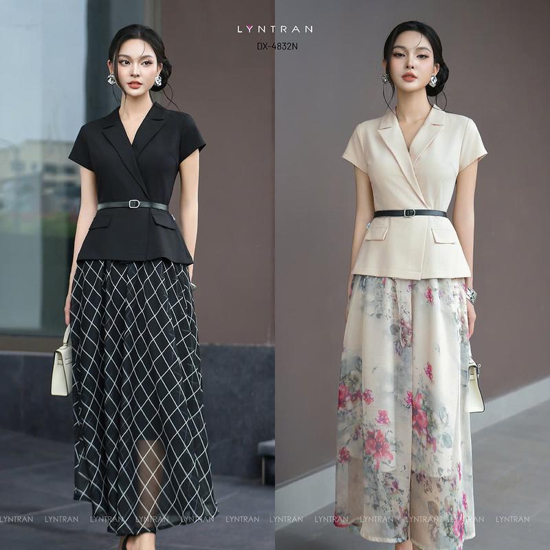LYN TRAN - Đầm công sở phối áo blazer chân váy voan họa tiết DX-4832N - Chất Biên phối tơ lụa, dài 123cm, 2 lớp thân dưới - Size S,M,L,XL - Nữ Women Dress